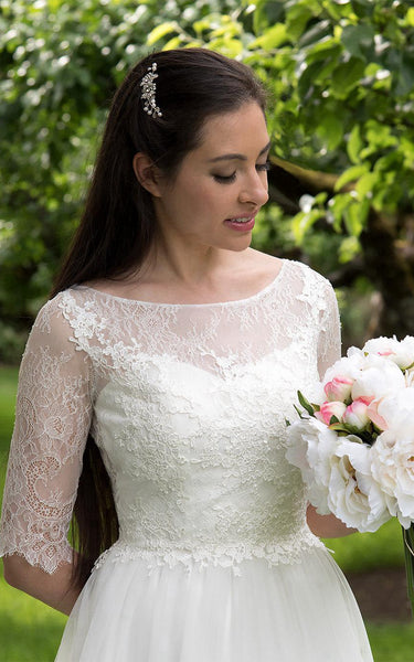 Long A-Line Tulle and Lace Wedding Dress With Elbow Sleeves-ET_711161