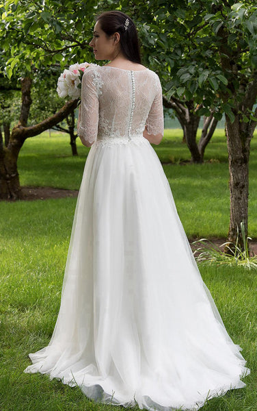 Long A-Line Tulle and Lace Wedding Dress With Elbow Sleeves-ET_711161