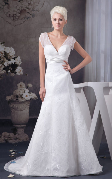 Plunged Caped-Sleeve A-Line Gown with Appliques and Ruched Waist-GC_707293