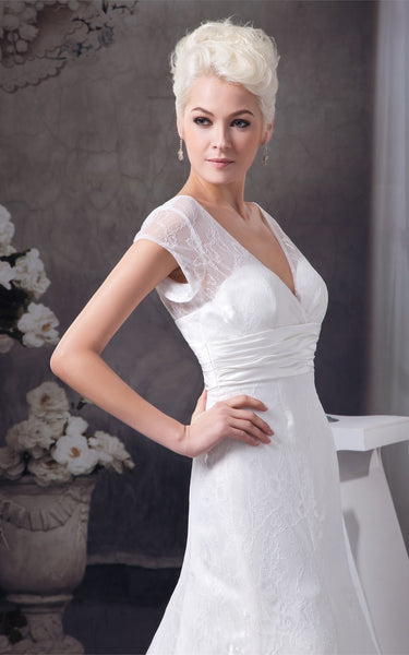 Plunged Caped-Sleeve A-Line Gown with Appliques and Ruched Waist-GC_707293