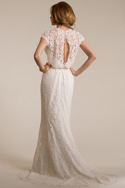 Long V-Neck Cap-Sleeve Lace Wedding Dress With Sweep Train And Keyhole-MK_702323