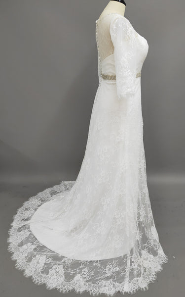 Half-Sleeved Long Wedding Dress With Appliques And Sweep Train-MK_702893