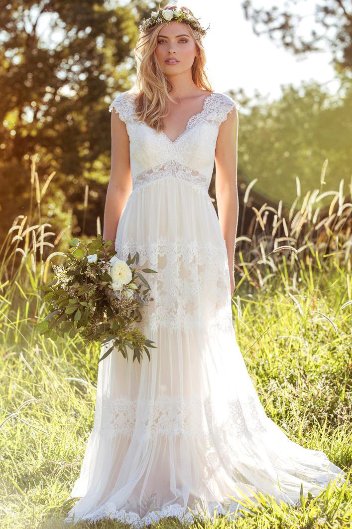 V-Neck Long Cap-Sleeve Appliqued Lace&Tulle Wedding Dress-MK_703210 ...