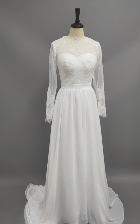 Sheath Long-Sleeve Jewel-Neck Chiffon Wedding Dress With Illusion-MK_7 ...