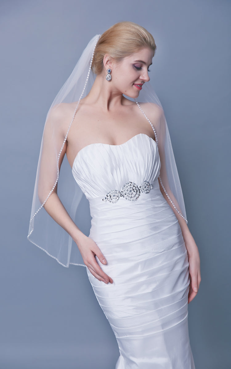 Trim Beaded One Tier Mid Length Veil-ZP_810066