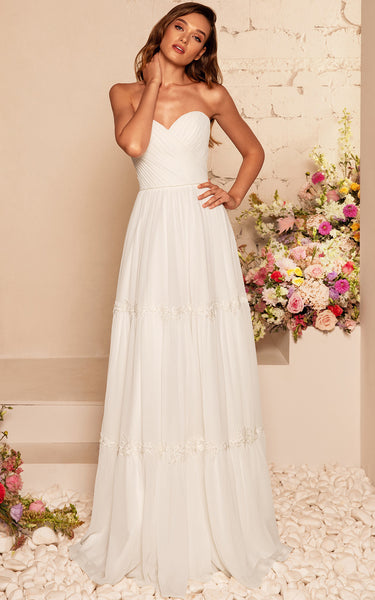 Simple A Line Chiffon Long Sleeve Illusion Wedding Dress with Criss Cross