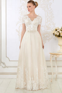 Floor-Length V-Neck Appliqued Short-Sleeve Lace Wedding Dress