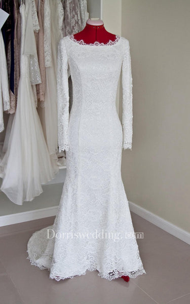 Lace Bateau Neck Long Sleeve Mermaid Wedding Dress With Buttoned Back