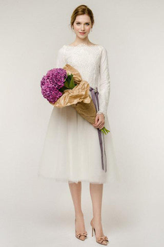 Long Sleeve Natural Tulle Lace Wedding Dress