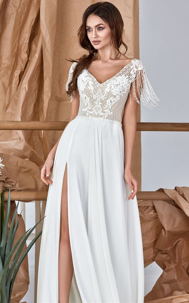 Elegant A-Line Lace Chiffon V-neck Wedding Dress with Split Front and Appliques