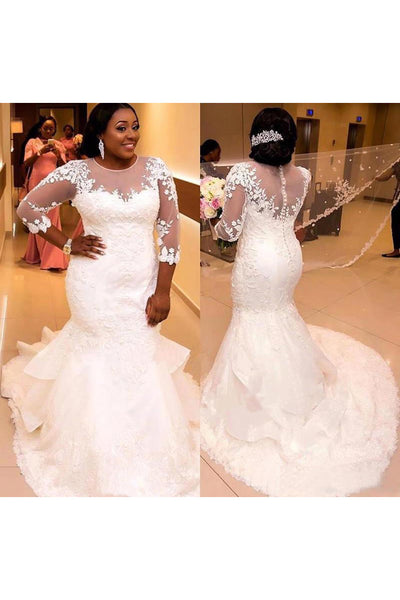 Plus Size Sheer 3-4 Long Sleeves Lace Mermaid Wedding Dress