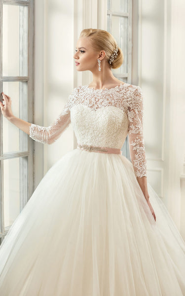 Ball Gown Long Bateau Long-Sleeve Deep-V-Back Tulle Lace Dress With Appliques And Waist Jewellery