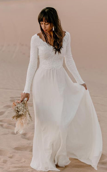 Bohemian A Line V-neck Chiffon Lace Long Sleeve Wedding Dress with V Back and Sweep Train