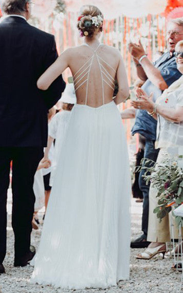 Simple A-Line Plunging Neckline Chiffon Wedding Dress With Straps And Pleats