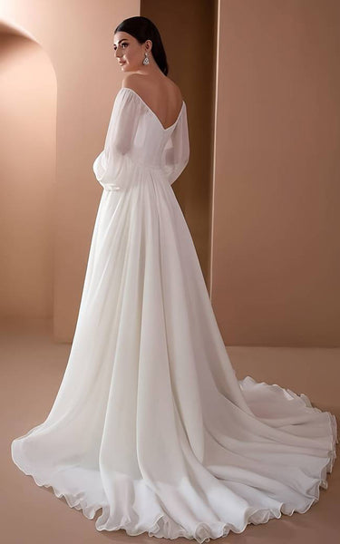 2023 A-Line Chiffon 3/4 Length Sleeve Wedding Dress Country Garden Floor-length Sweep Train Off-the-shoulder