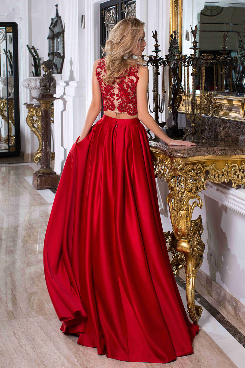 Sleeveless Jewel Neck Appliqued Satin Prom Evening Dress With Illusion ...