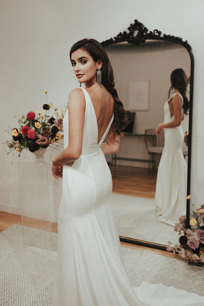 Modern Sexy Mermaid V-neck Satin Wedding Gown With Train And Deep V-back