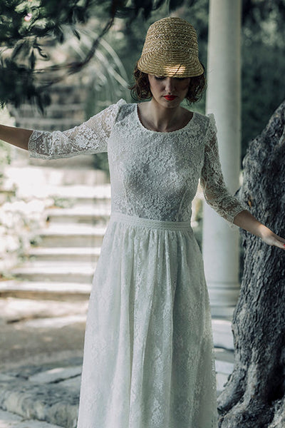 Long Sleeve Vintage Tea-length Lace Wedding Dress With Scoop Neck And V-back