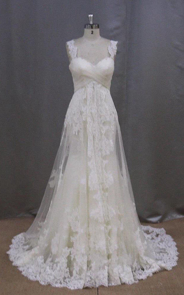 Long Sleeveless A-Line Lace Wedding Dress With Empire Waist