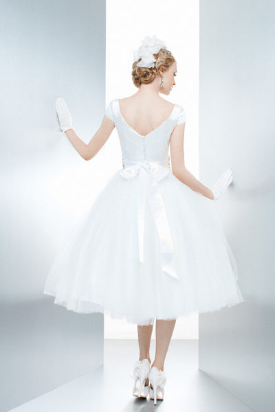 A-Line Tea-Length Cap Sleeve Jeweled V-Neck Tulle Wedding Dress With Bow