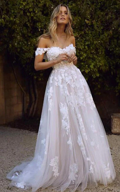 Casual Off-the-shoulder A Line Floor-length Court Train Sleeveless Wed ...