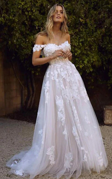 Casual Off-the-shoulder A Line Floor-length Court Train Sleeveless Wedding Dress With Appliques