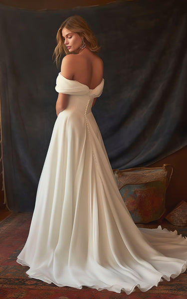 A-Line Chiffon Sleeveless Wedding Dress with Ruching 2023 Off-the-shoulder Country Garden Sweep Train Elegant Simple