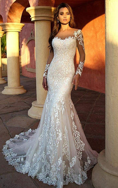 Sexy Mermaid Lace Tulle Long Sleeve Wedding Dress Country Garden Elegant Romantic Bateau Neck Sweep Train