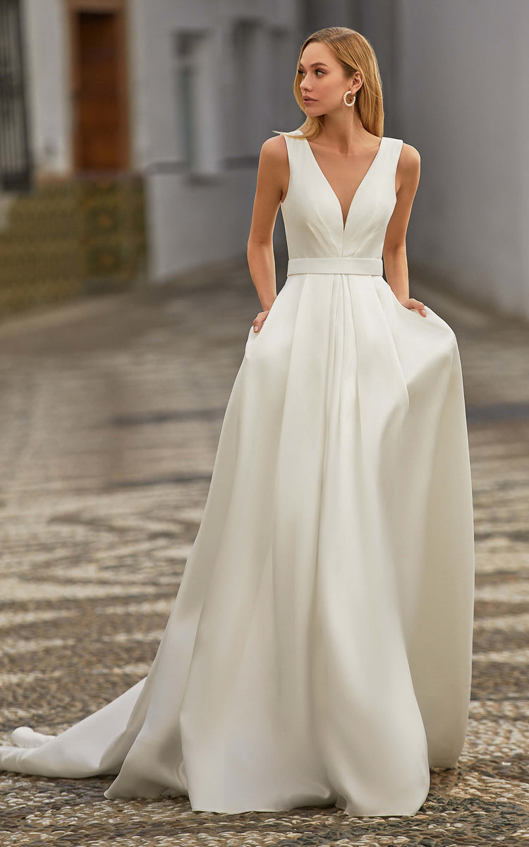 Casual A Line V-neck Satin Court Train Wedding Dress with Pockets-7161 ...