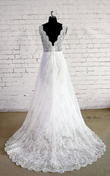 Double Layered V-Neck Sleeveless Lace Wedding Dress With Lace Trim