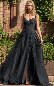 Gothic Floral Black Boho Lace A-Line Wedding Dress with Spaghetti Straps and Split Front