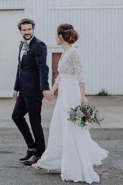 Boho Chiffon and Lace Scalloped 3/4 Sleeve Wedding Dress with V Back