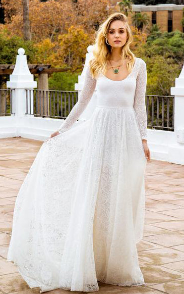 Bohemian A Line Lace Long Sleeve Scoop Floor-length Wedding Dress with Keyhole and Sweep Train