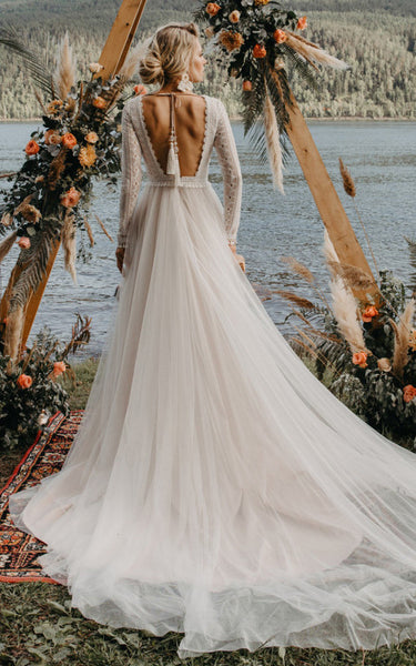 Casual A-Line Tulle Wedding Dress With Illusion Long Sleeves And Open Back 