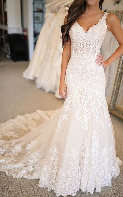 Sexy Floral Mermaid Boho Lace Wedding Dress Elegant Romantic Beach V-Neck Bridal Gown with Appliques