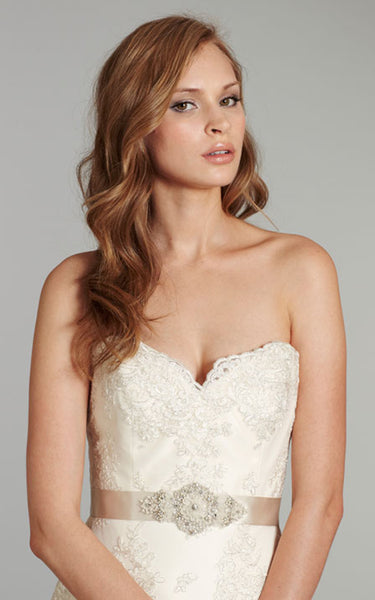 Alluring Strapless Embroidered Lace Dress With Crystal Beaded Belt