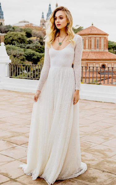 Bohemian A Line Lace Long Sleeve Scoop Floor-length Wedding Dress with Keyhole and Sweep Train