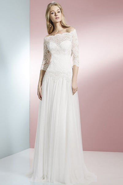 Sheath 3-4 Sleeve Off-The-Shoulder Lace Tulle Wedding Dress With Brush Train