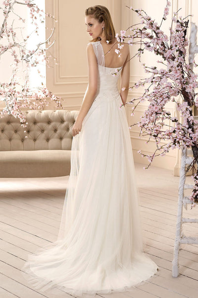 Sleeveless Long One-Shoulder Ruched Tulle Wedding Dress With Appliques