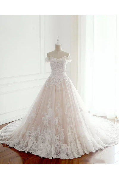 A-line Off-the-shoulder Sleeveless Floor-length Chapel Train Lace Tulle Wedding Dress with Pleats