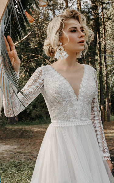 Casual A-Line Tulle Wedding Dress With Illusion Long Sleeves And Open Back 