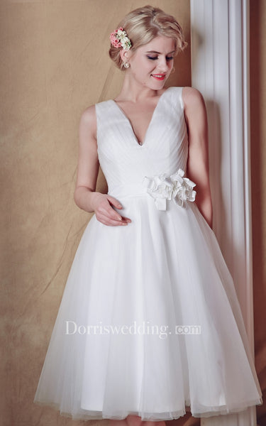 Glam Lovely Sleeveless V-neck Belted Short Wedding Dress