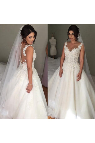 Elegant Tulle Lace Appliques 2018 Wedding Dress Button Zipper Back