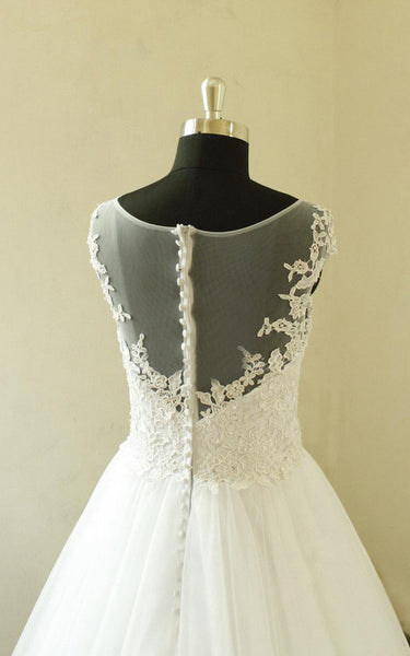 Bateau Neck Cap Sleeve Long A-Line Tulle Wedding Dress With Elegant Beading