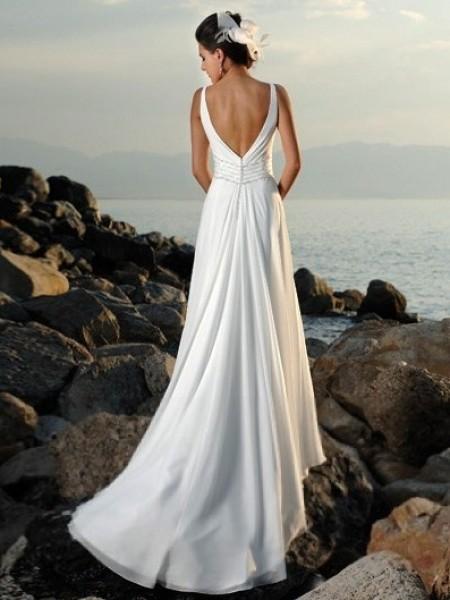 Empire V-neck Court Trains Sleeveless Chiffon Beach Wedding Dresses for Brides