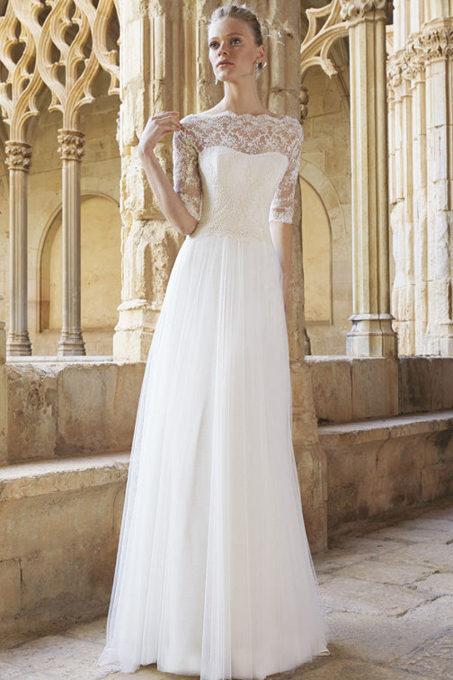 A-Line Floor-Length Half Sleeve Lace Bateau Neck Tulle Wedding Dress