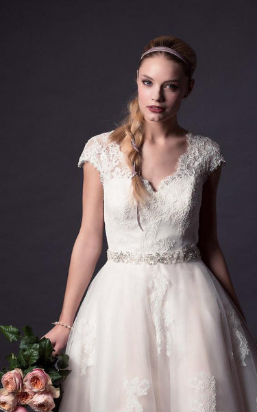 A-Line Mini V-Neck Bell Cap Appliques Button Tulle Lace Dress