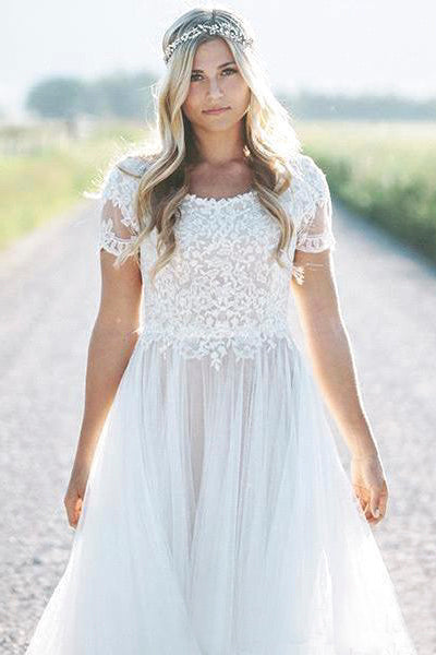 Boho A-line Short Sleeve Lace Appliques Bodice Tulle Wedding Dress