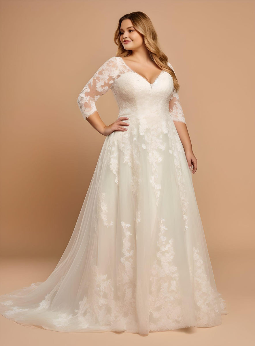 Romantic Plus Size A-Line V-neck Tulle Floor-length Wedding Dress Coun ...