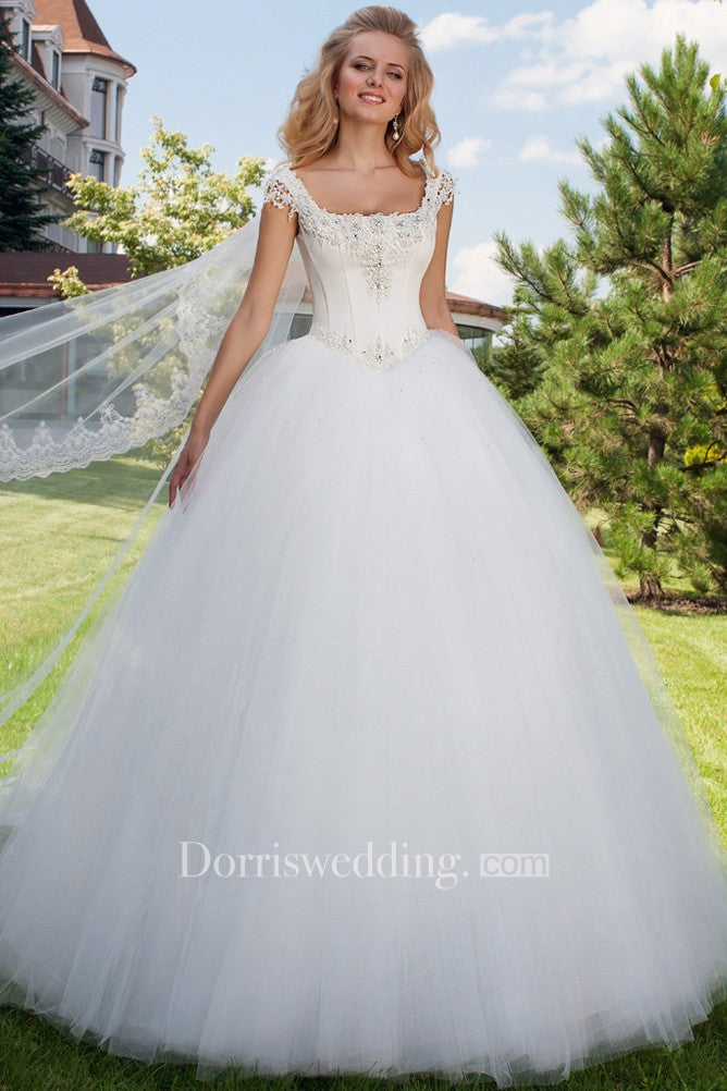 Long Square Beaded Cap-Sleeve Tulle Wedding Dress With Sweep Train And Corset Back